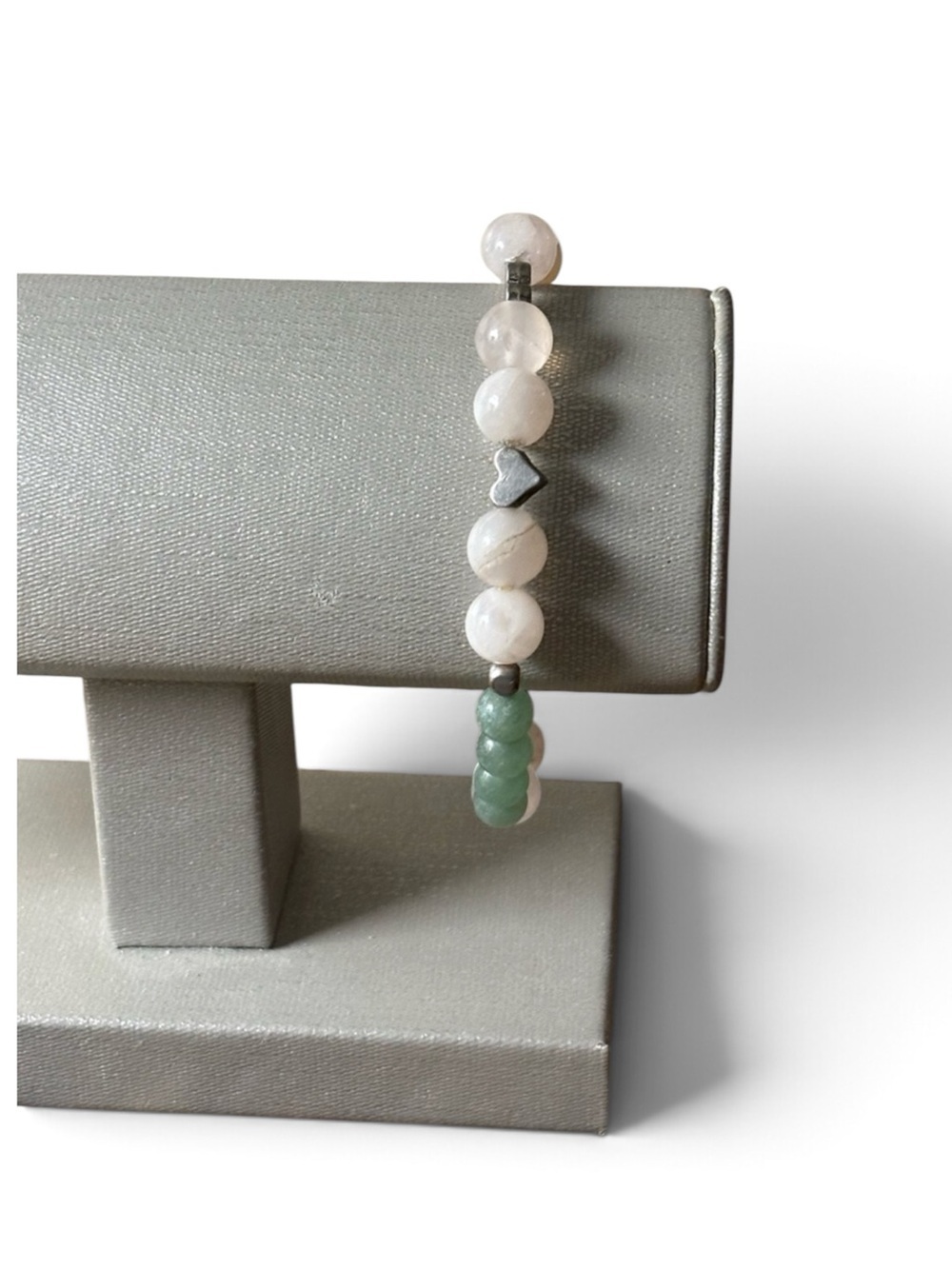 Rose Quartz and Green Adventurine with Silver Hearts Beaded Stretch Bracelet